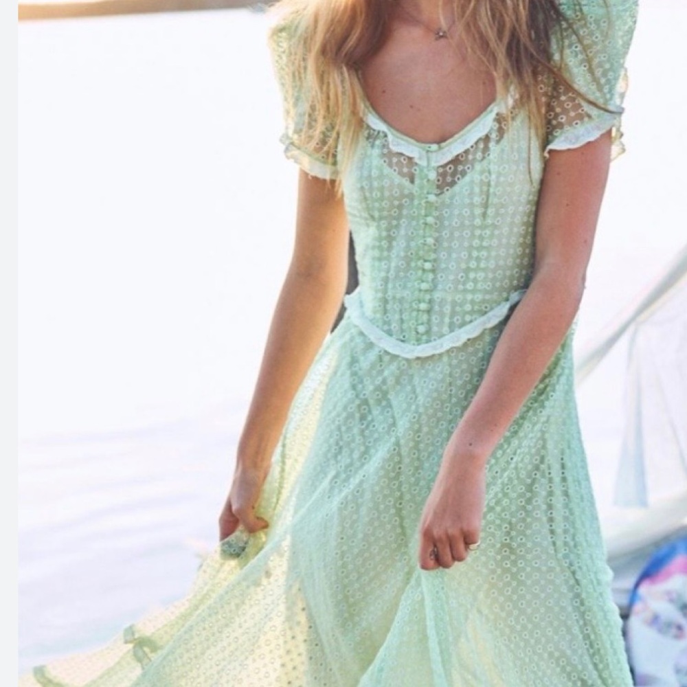 LoveShackFancy Embroidered Green Silk Tiered Maxi Dress